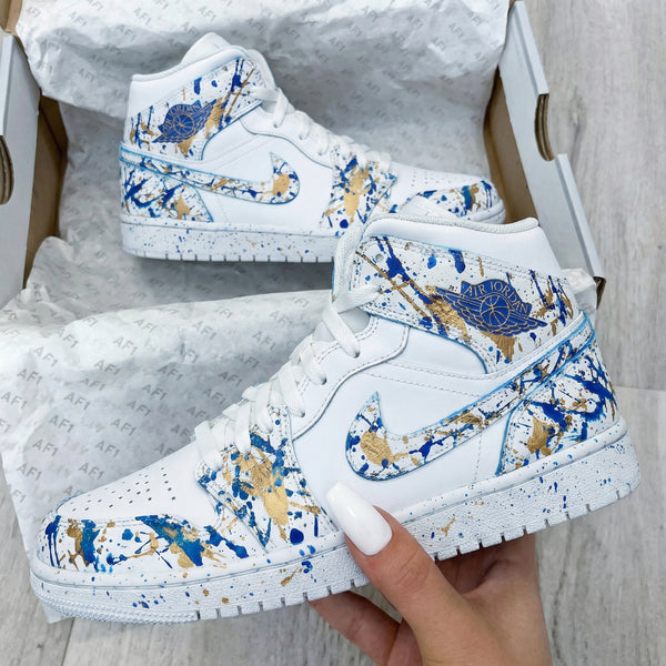 Custom AJ 1s Shoes Blue Gold Splatter Pattern-oicustom