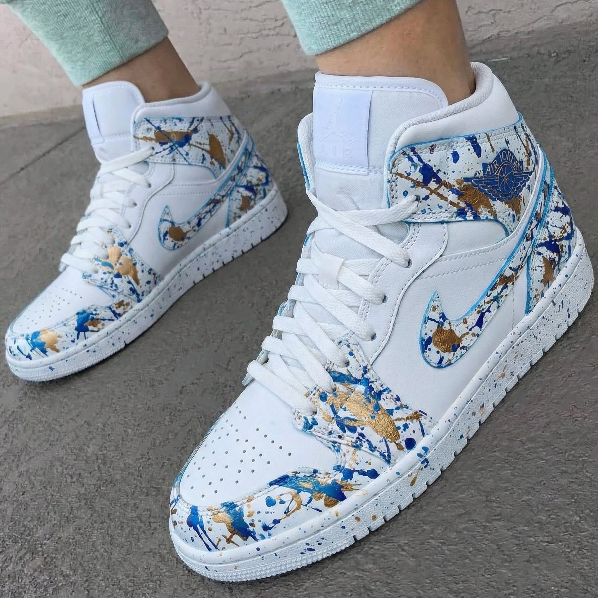 Custom AJ 1s Shoes Blue Gold Splatter Pattern – oicustom