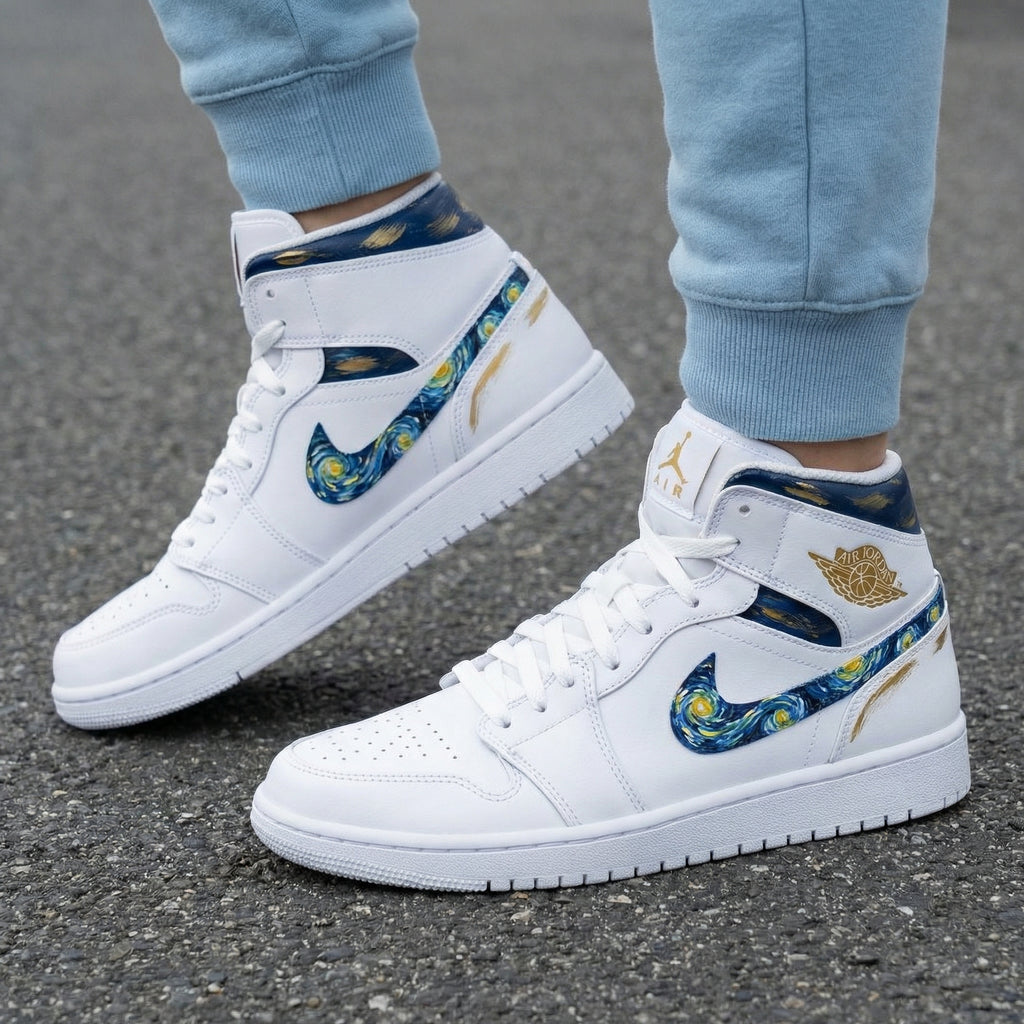 Custom AJ 1s Shoes Blue Gold Starry Night Pattern-oicustom