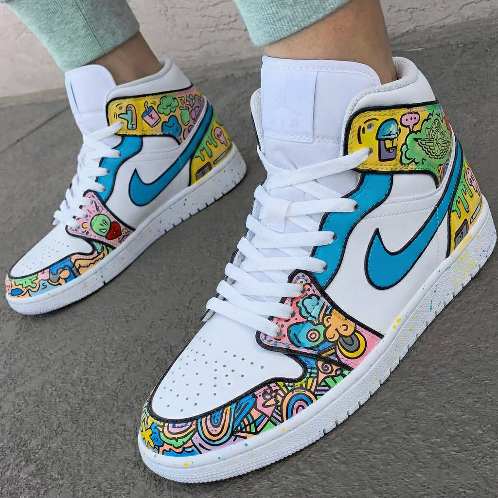 Custom AJ 1s Shoes Blue Multicolor Cartoon Patterns-oicustom