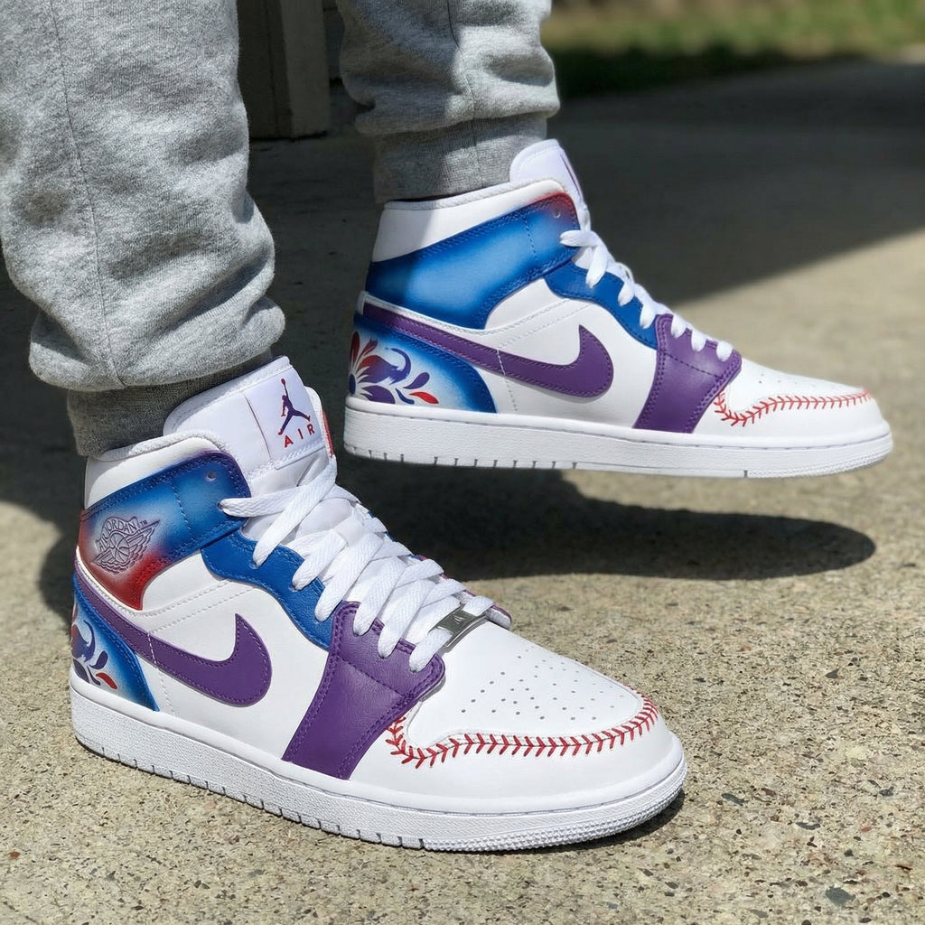 Custom AJ 1s Shoes Blue Purple Floral Design-oicustom