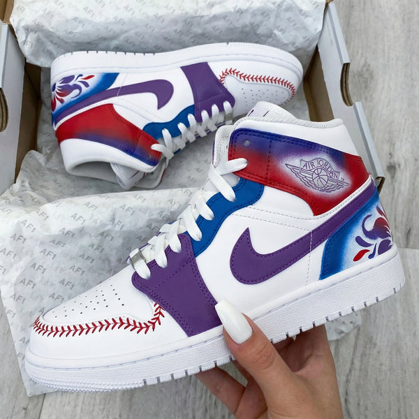 Custom AJ 1s Shoes Blue Purple Floral Design-oicustom