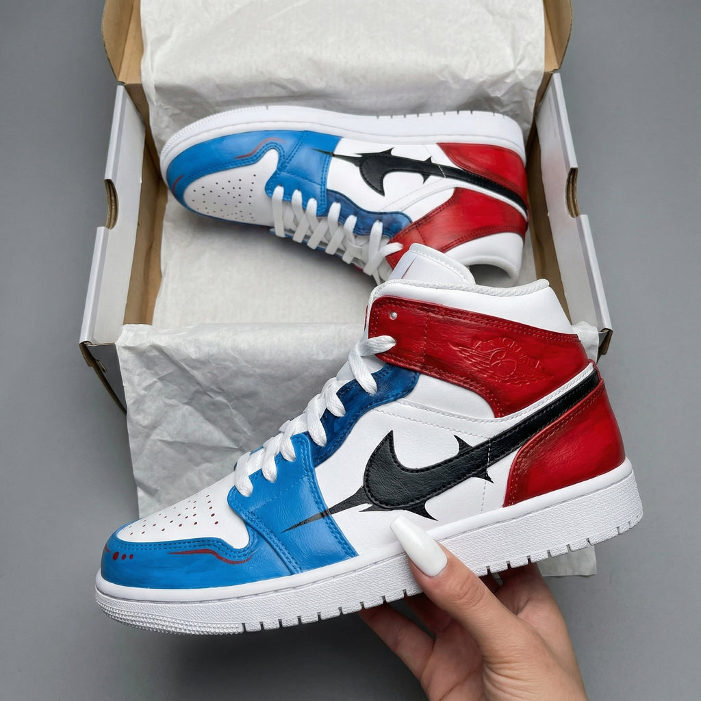 Custom AJ 1s Shoes Blue Red Black Thorn Swoosh-oicustom