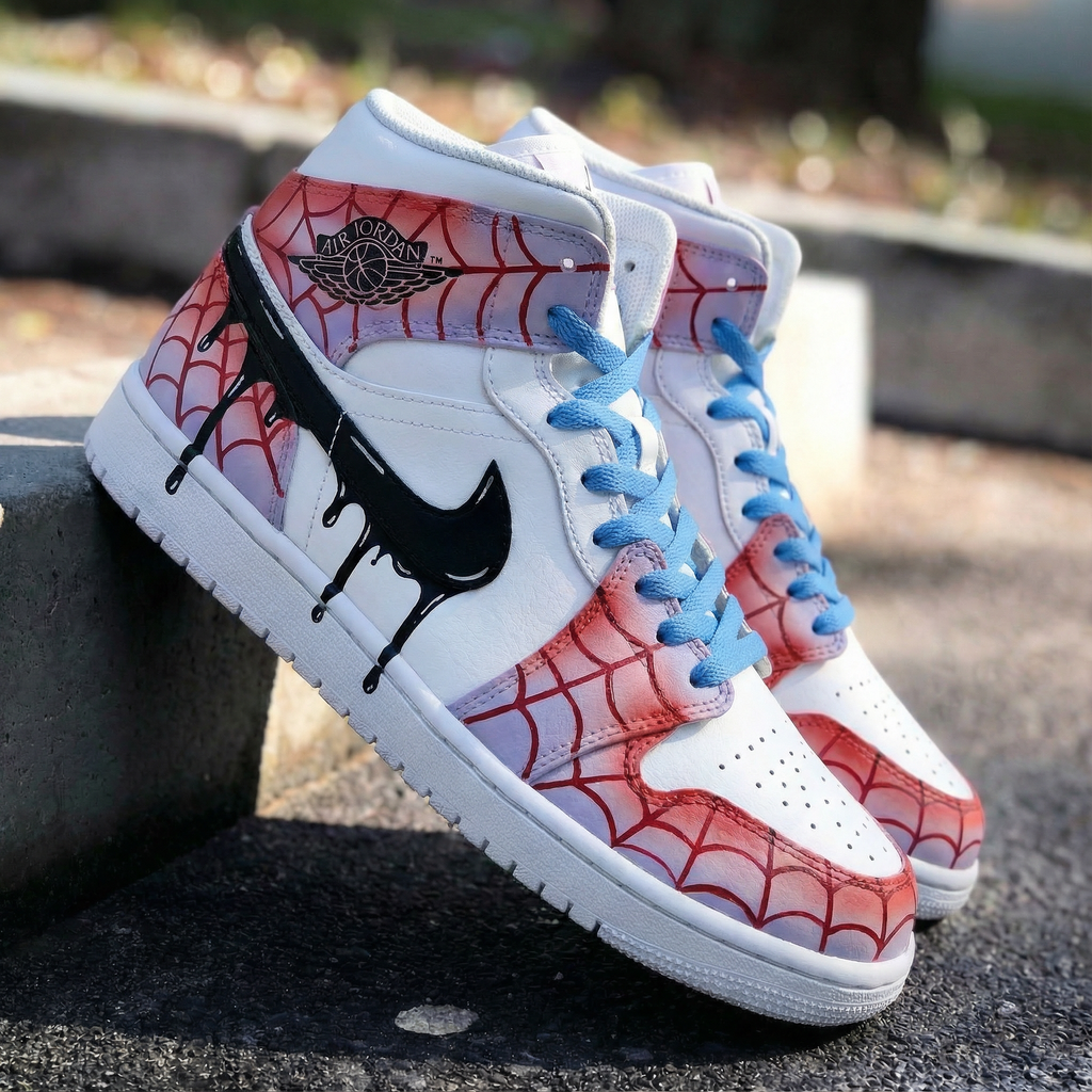 Custom AJ 1s Shoes Blue Red Spider Web Pattern-oicustom