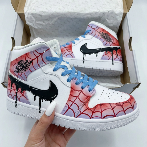 Custom AJ 1s Shoes Blue Red Spider Web Pattern-oicustom