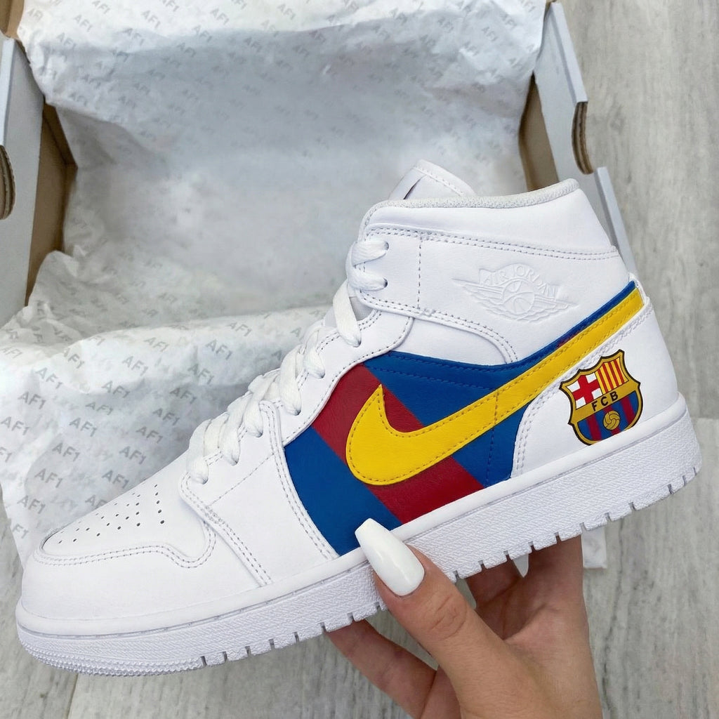 Custom AJ 1s Shoes Blue Red Yellow FCB Barcelona Logo-oicustom