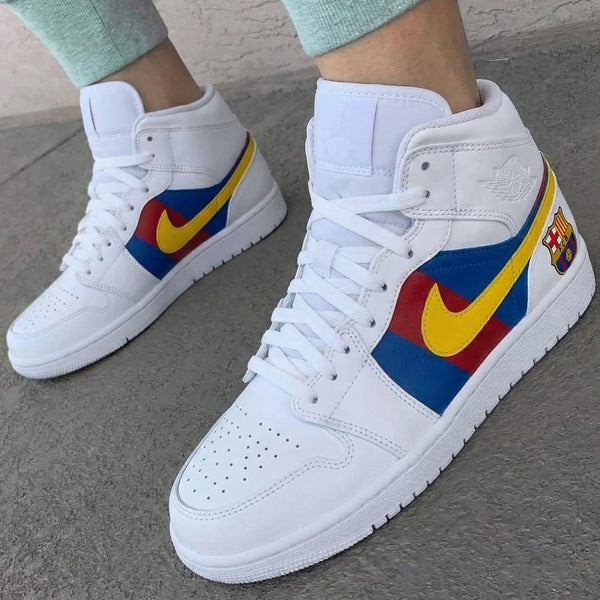 Custom AJ 1s Shoes Blue Red Yellow FCB Barcelona Logo-oicustom