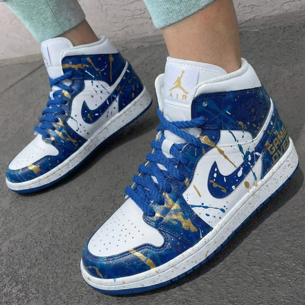 Custom AJ 1s Shoes Blue White Gold Splatter Design-oicustom