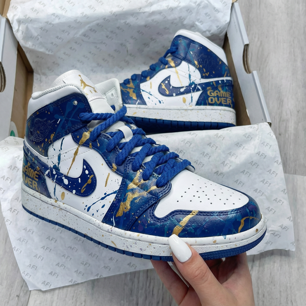 Custom AJ 1s Shoes Blue White Gold Splatter Design-oicustom