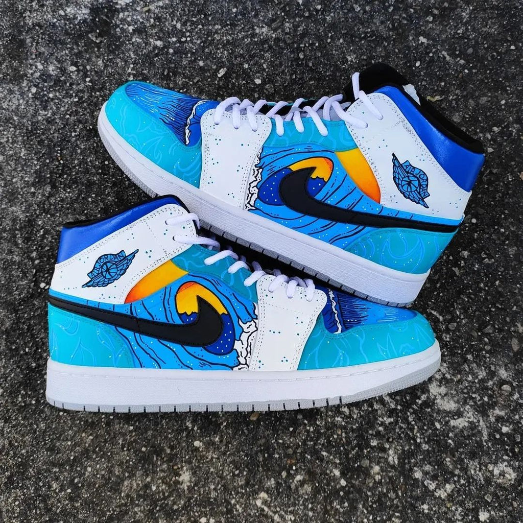 Custom AJ 1s Shoes Blue White Ocean Wave Design-oicustom