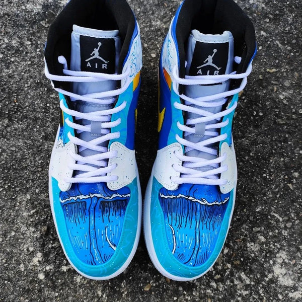 Custom AJ 1s Shoes Blue White Ocean Wave Design-oicustom