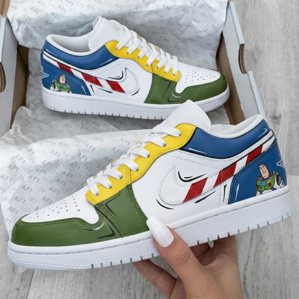 Custom AJ 1s Shoes Blue Yellow Green Buzz Lightyear Cartoon Pattern-oicustom