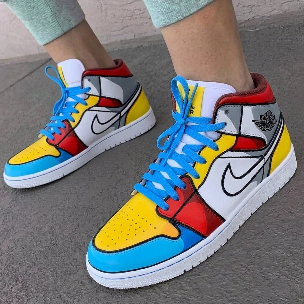 Custom AJ 1s Shoes Blue Yellow Red Cartoon Line Pattern-oicustom
