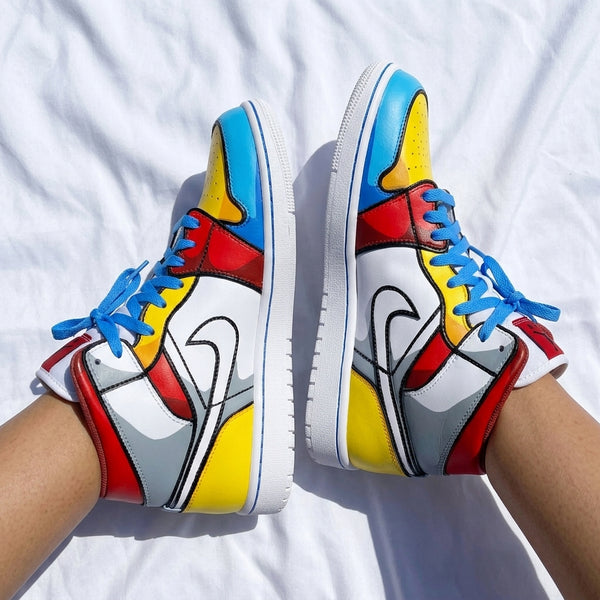 Custom AJ 1s Shoes Blue Yellow Red Cartoon Line Pattern-oicustom
