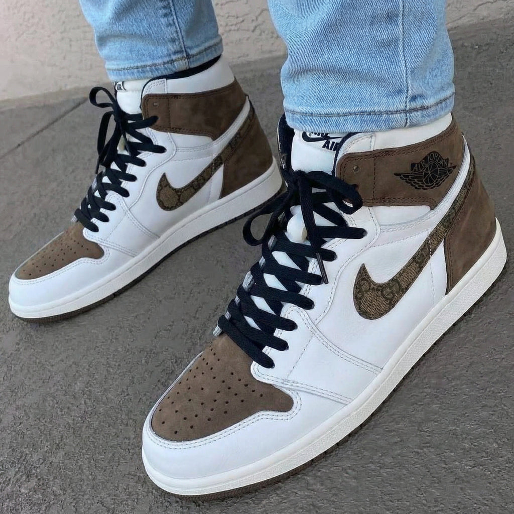 Custom AJ 1s Shoes Brown White with GG Logo-oicustom