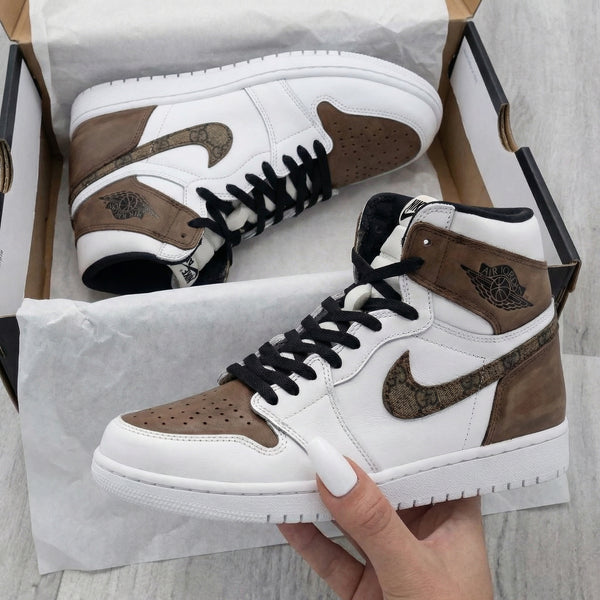 Custom AJ 1s Shoes Brown White with GG Logo-oicustom