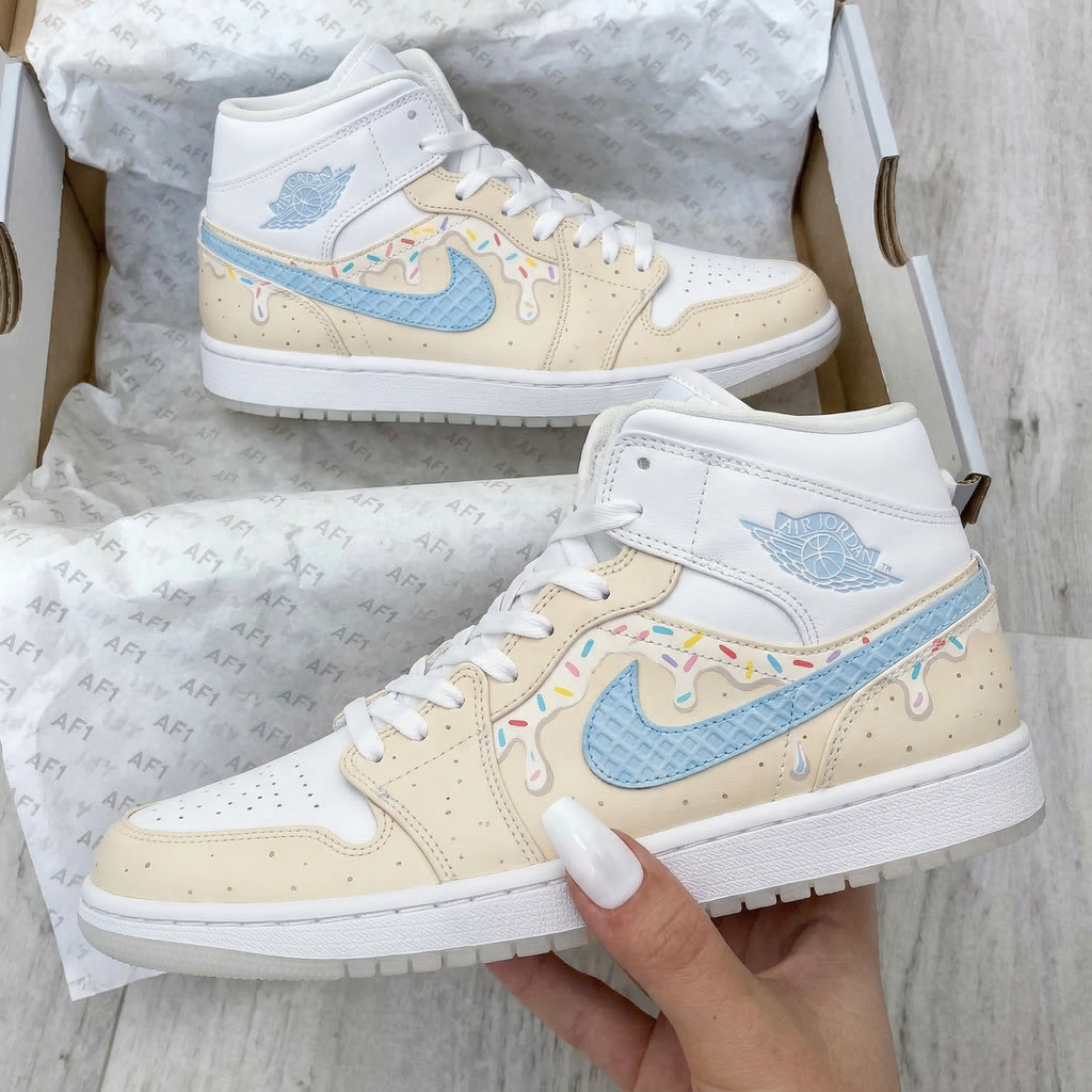 Custom AJ 1s Shoes Cream Baby Blue Ice Cream Drip Sprinkles Waffle Swoosh-oicustom