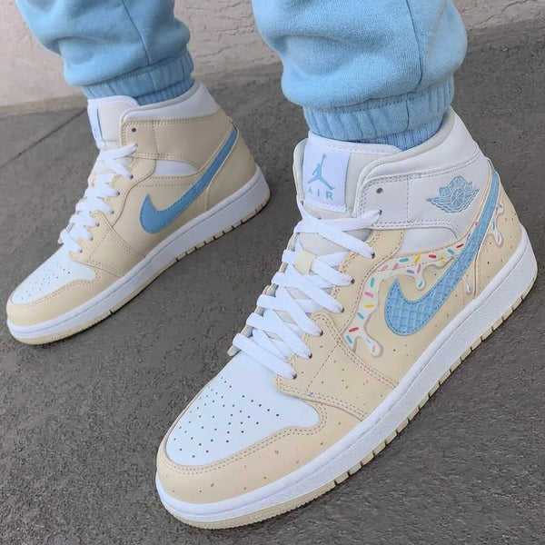 Custom AJ 1s Shoes Cream Baby Blue Ice Cream Drip Sprinkles Waffle Swoosh-oicustom