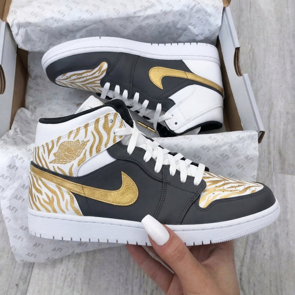 Custom AJ 1s Shoes Dark Gray Gold Zebra Stripes-oicustom