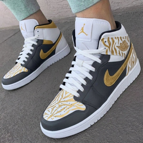 Custom AJ 1s Shoes Dark Gray Gold Zebra Stripes-oicustom