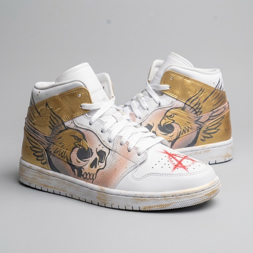 Custom AJ 1s Shoes Gold Baby Pink Skull Eagle Red Anarchy Symbol-oicustom