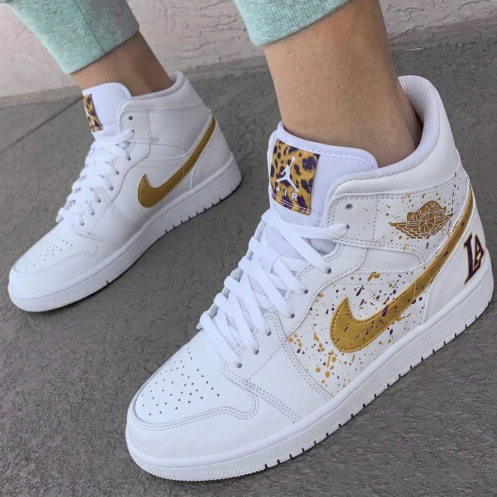 Custom AJ 1s Shoes Gold Purple Splatter Leopard Print LA-oicustom