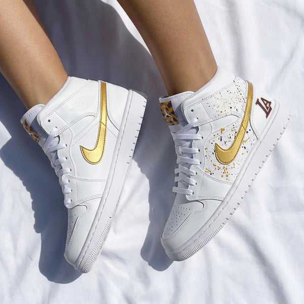 Custom AJ 1s Shoes Gold Purple Splatter Leopard Print LA-oicustom