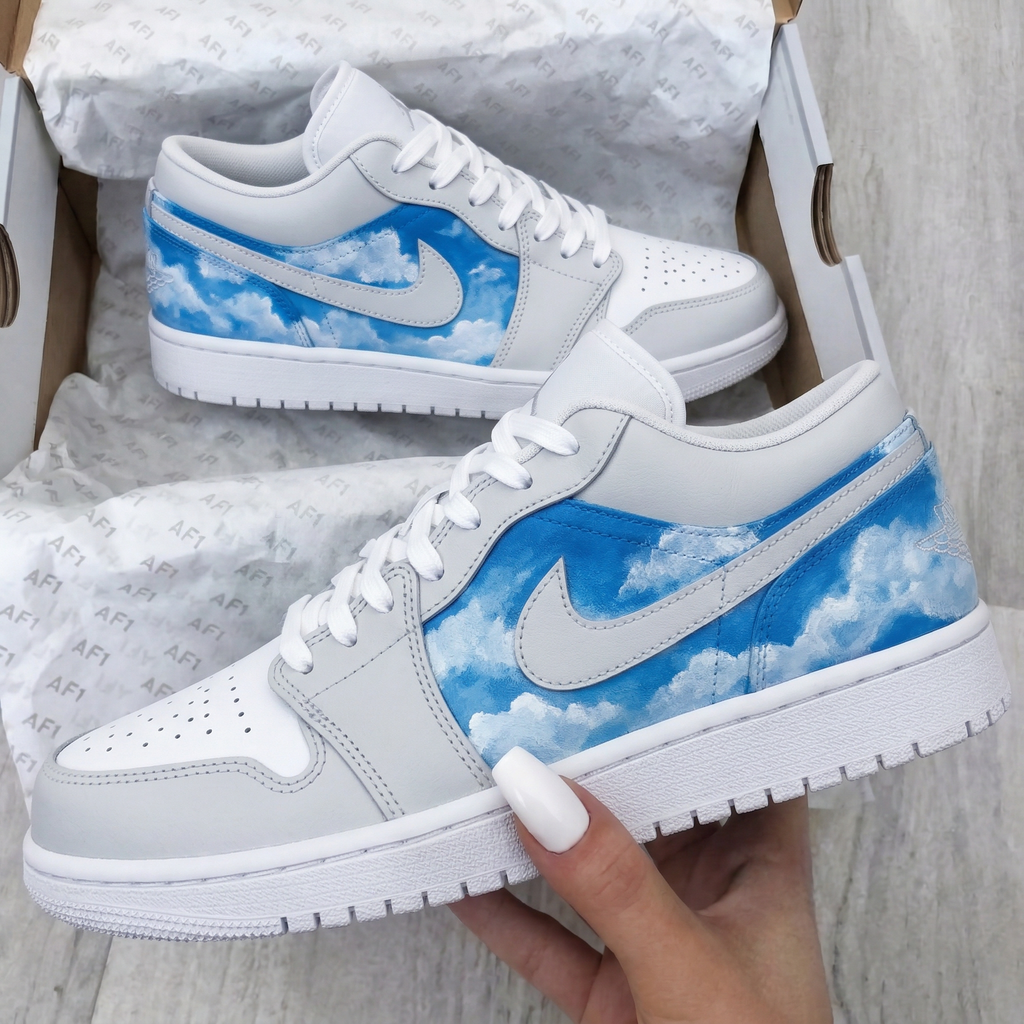 Custom AJ 1s Shoes Gray Baby Blue Clouds-oicustom