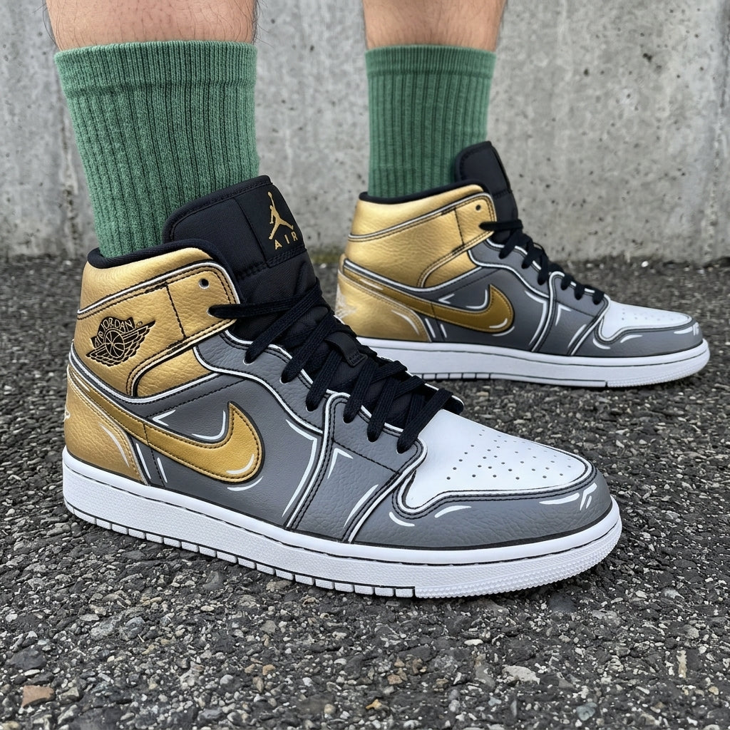 Custom AJ 1s Shoes Gray Gold Cartoon Pattern-oicustom