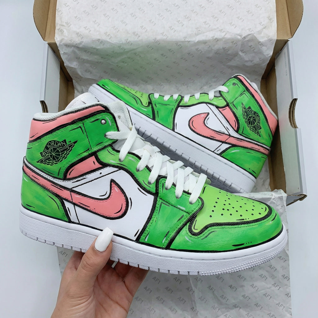 Custom AJ 1s Shoes Green Baby Pink Cartoon Pattern-oicustom