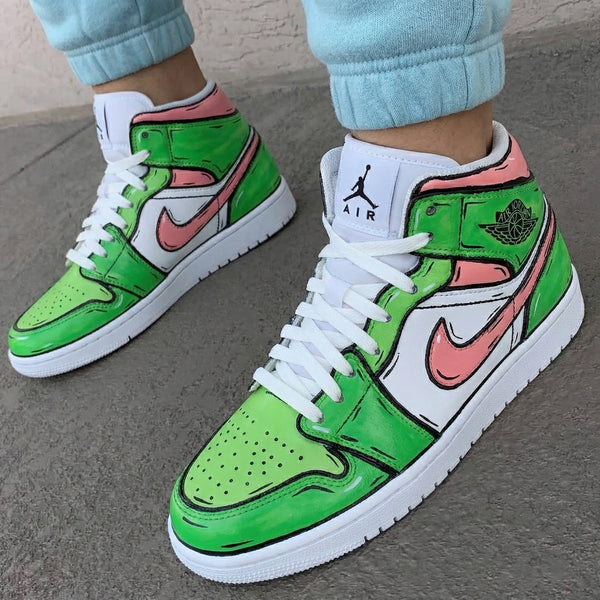 Custom AJ 1s Shoes Green Baby Pink Cartoon Pattern-oicustom