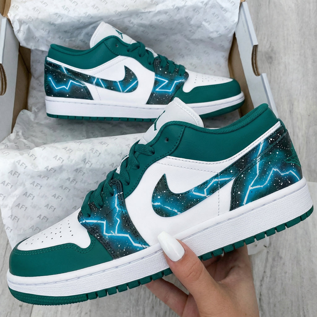 Custom AJ 1s Shoes Green Blue Lightning Galaxy Pattern-oicustom