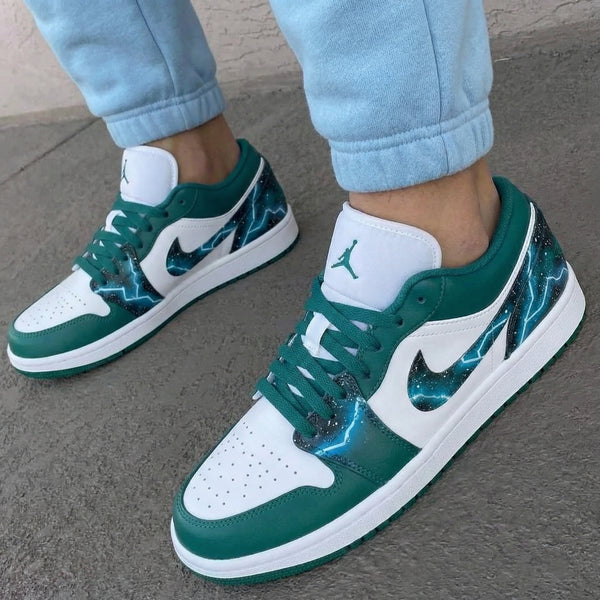 Custom AJ 1s Shoes Green Blue Lightning Galaxy Pattern-oicustom