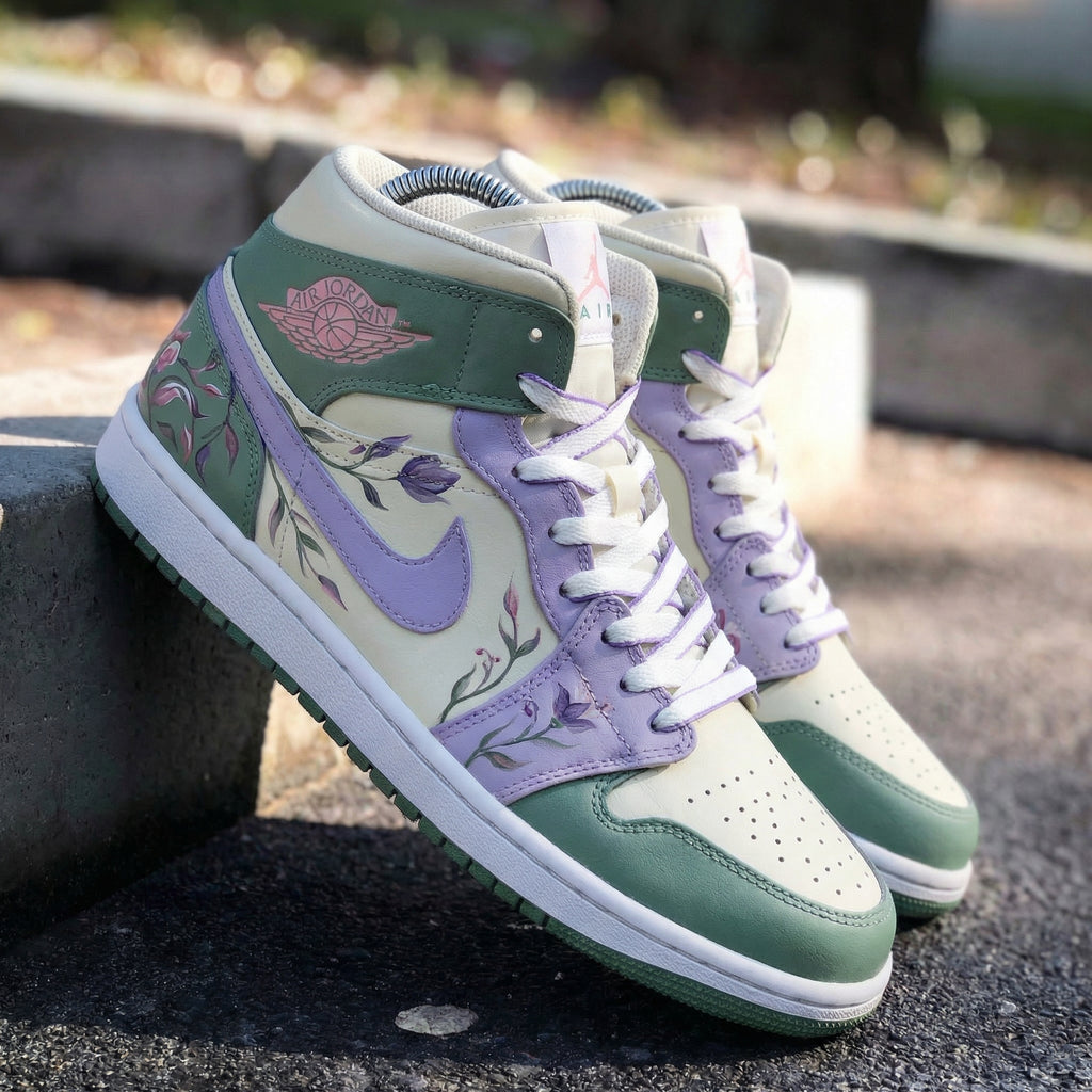 Custom AJ 1s Shoes Green Lilac Floral Design-oicustom