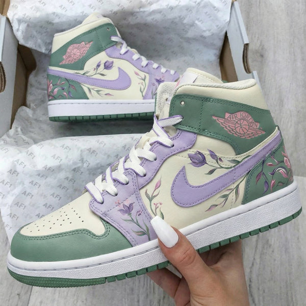 Custom AJ 1s Shoes Green Lilac Floral Design-oicustom