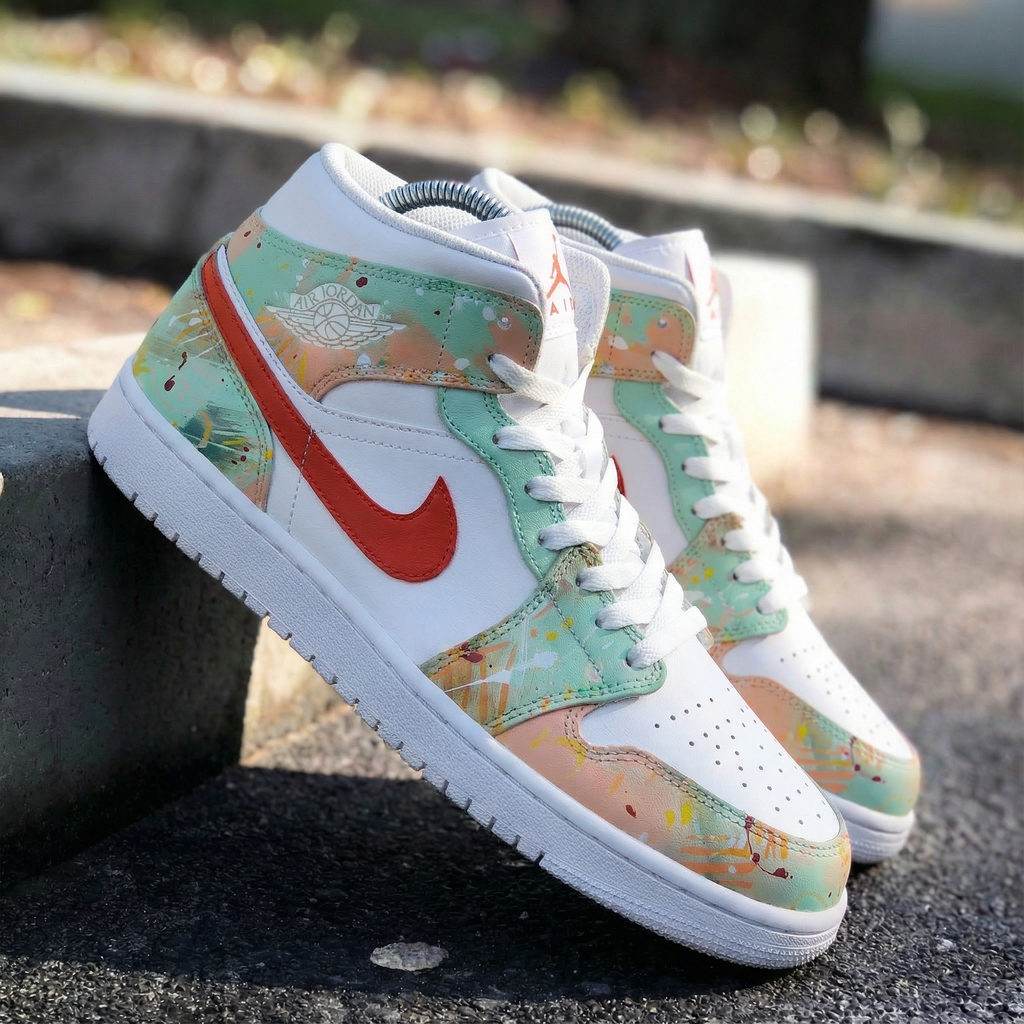 Custom AJ 1s Shoes Green Orange Paint - Splatter Design-oicustom