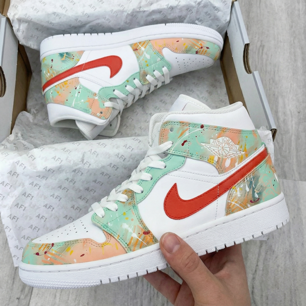 Custom AJ 1s Shoes Green Orange Paint - Splatter Design-oicustom