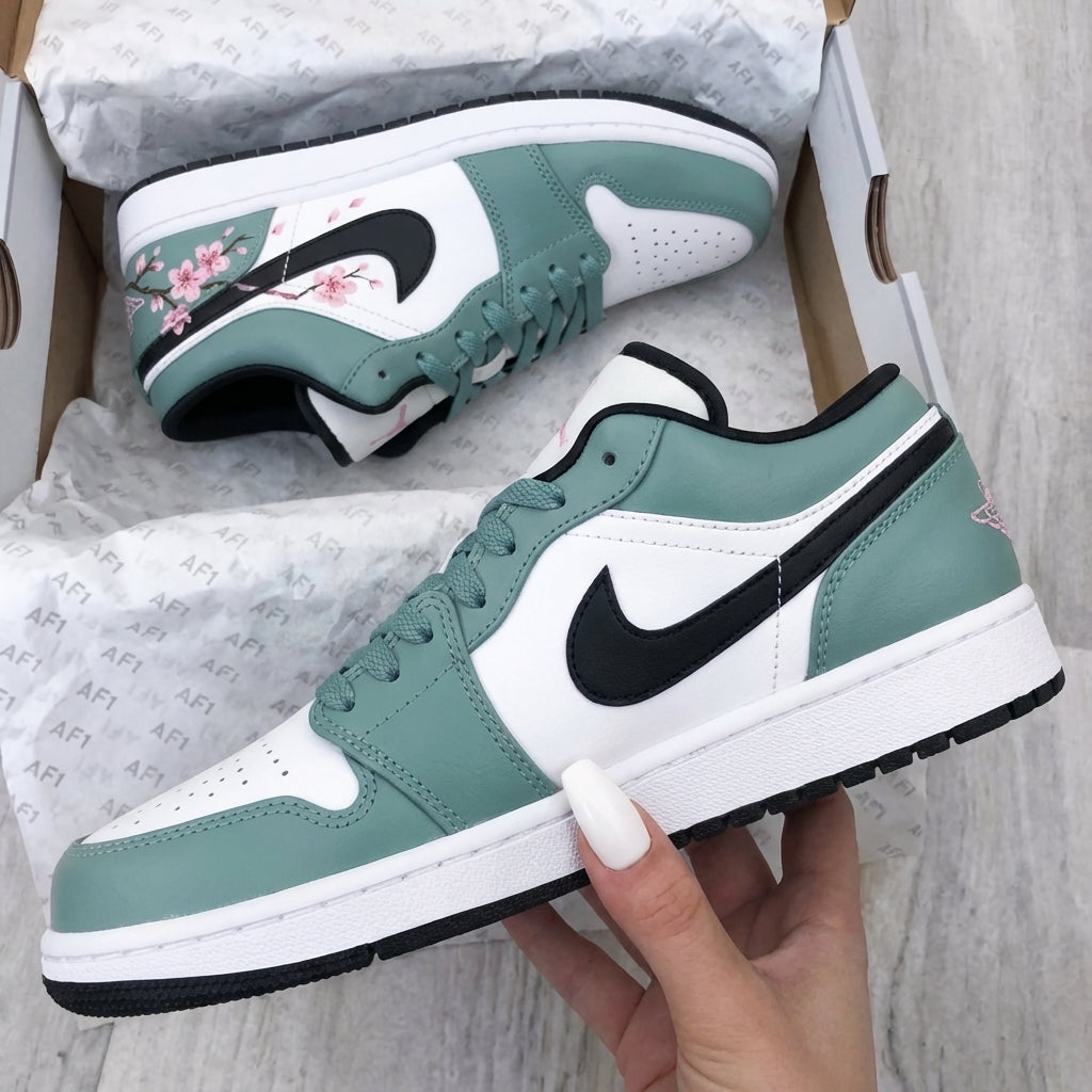Custom AJ 1s Shoes Green Pink Cherry Blossom-oicustom
