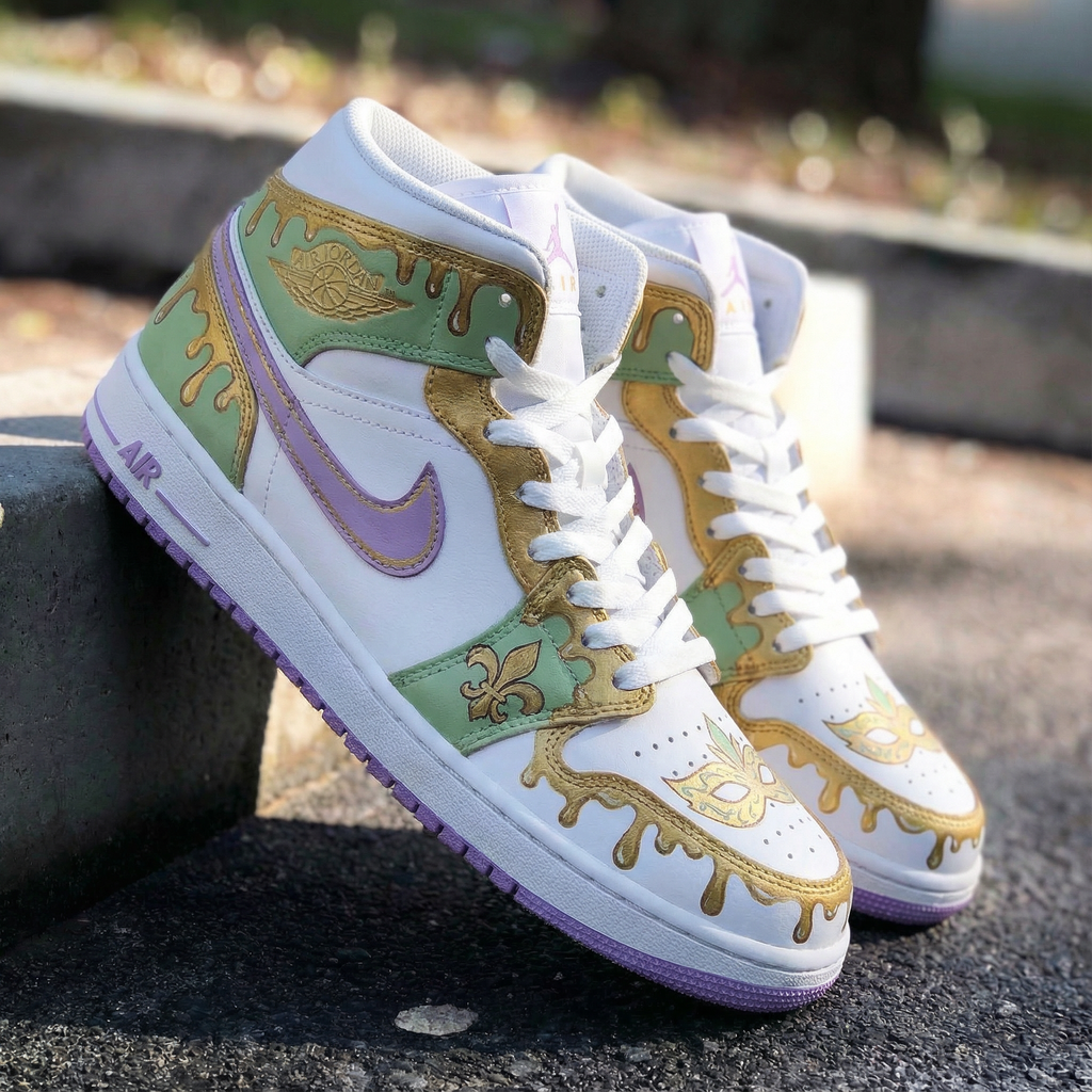 Custom AJ 1s Shoes Green Purple Mardi Gras Theme-oicustom