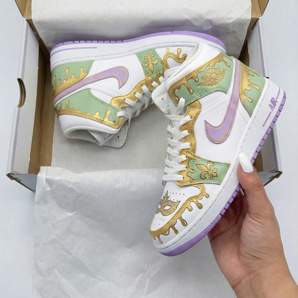 Custom AJ 1s Shoes Green Purple Mardi Gras Theme-oicustom