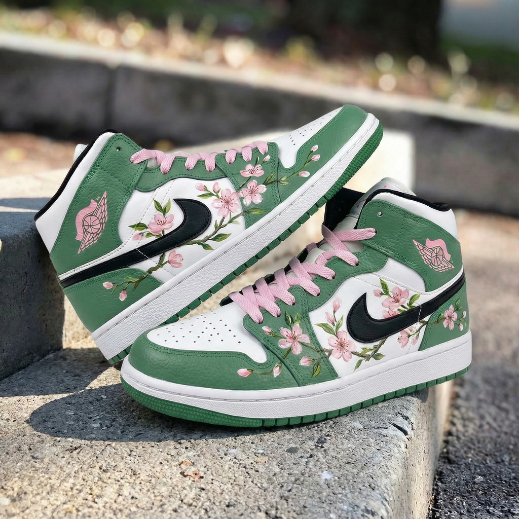 Custom AJ 1s Shoes Green White and Baby Pink Cherry Blossom Design-oicustom