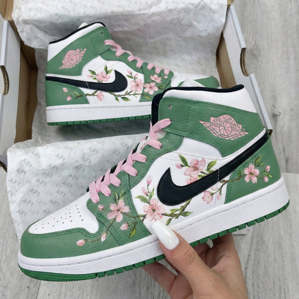 Custom AJ 1s Shoes Green White and Baby Pink Cherry Blossom Design-oicustom