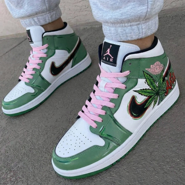 Custom AJ 1s Shoes Green White Baby Pink Weed Design-oicustom