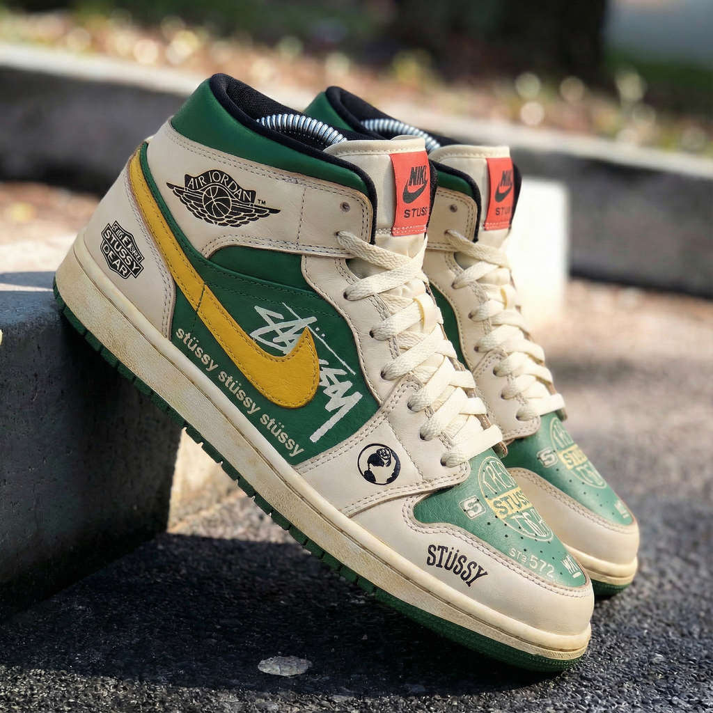 Custom AJ 1s Shoes Green Yellow Stussy Design-oicustom