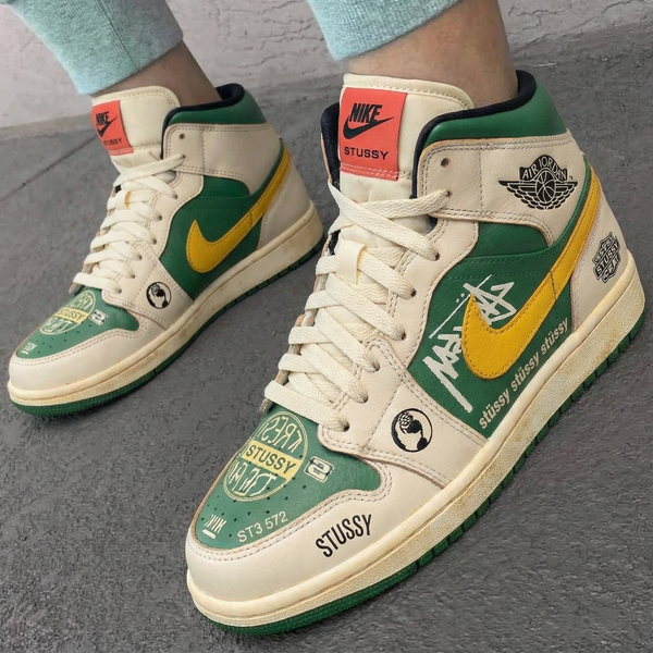 Custom AJ 1s Shoes Green Yellow Stussy Design-oicustom