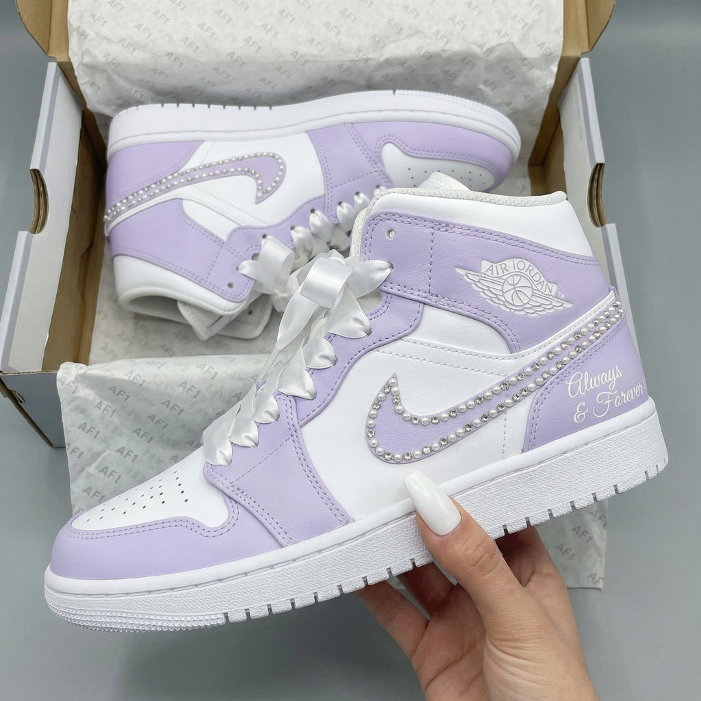 Custom AJ 1s Shoes Lavender White Pearls Rhinestones Satin Laces-oicustom