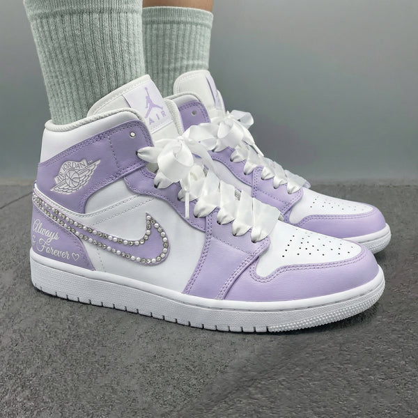 Custom AJ 1s Shoes Lavender White Pearls Rhinestones Satin Laces-oicustom