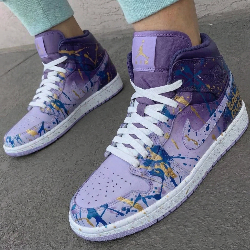 Custom AJ 1s Shoes Lilac Blue Gold Splatter Design-oicustom
