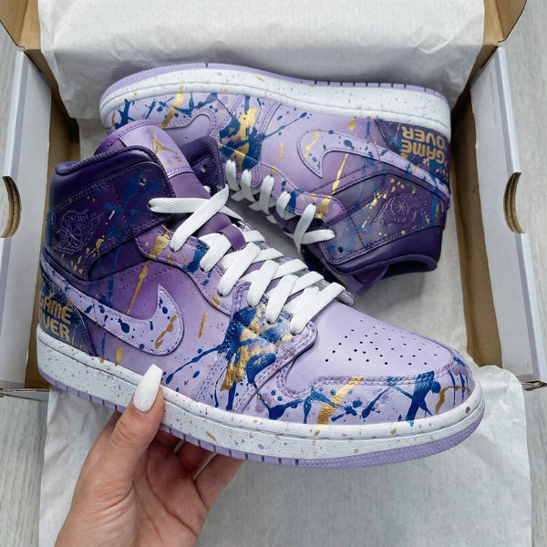Custom AJ 1s Shoes Lilac Blue Gold Splatter Design-oicustom