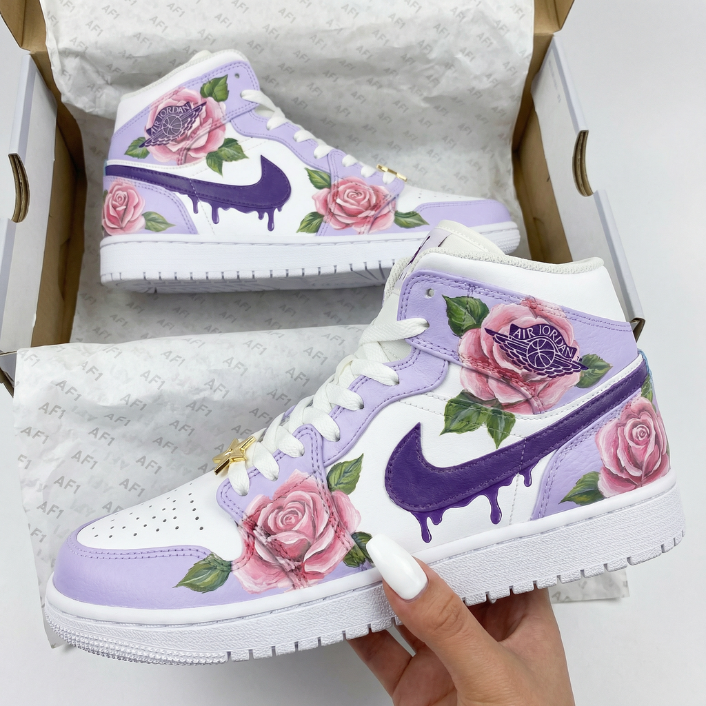 Custom AJ 1s Shoes Lilac Pink Rose Pattern-oicustom